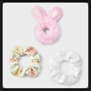 Sold - Easter Fur Bunny Ear and Plaid Hair Twister Set 3pc - Pink/White